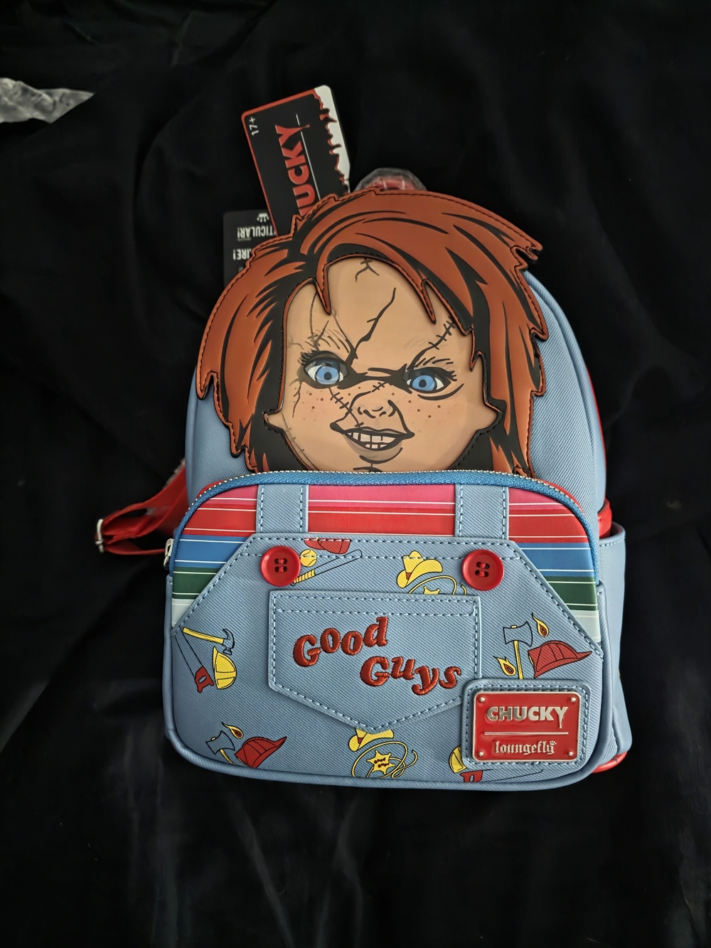 Loungefly Chucky Good Guys Light Blue Kids Backpack with Red Accents